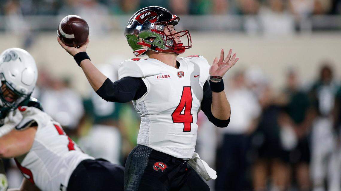 Western Kentucky quarterback Bailey Zappe throws a pass against Michigan State on Saturday, Oct. 2, 2021, in East Lansing, Mich. On Saturday, Zappe led the Hiltoppers to a convincing win over the Charlotte 49ers. (AP Photo/Al Goldis)