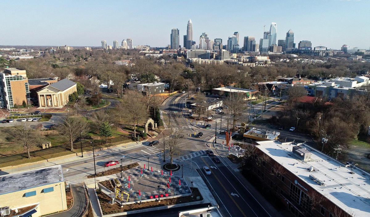 Five Points Plaza, lower left, has been under construction for years. City officials, including Mayor Vi Lyles, will hold a grand opening event on Saturday.