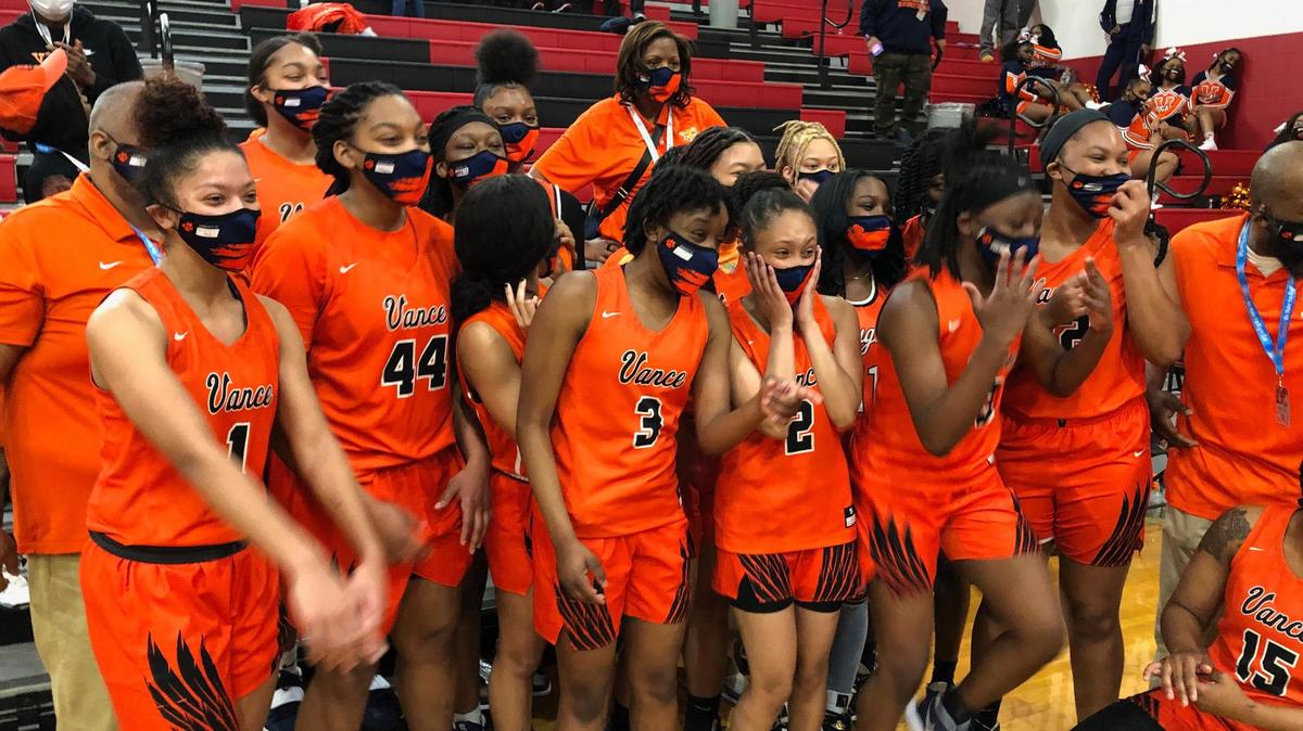 Vance High girls celebrate winning the NC 4A state championship Saturday
