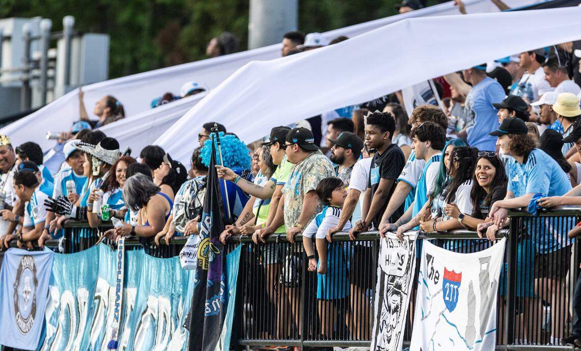 Charlotte FC fans watch their team play Charlotte Independence at Mecklenburg County Regional Sportsplex in Matthews, North Carolina, on April 15, 2026. 