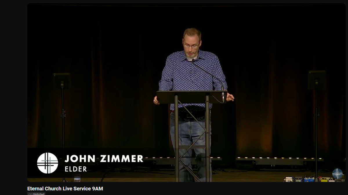 In this Youtube video on Eternal Church’s website, elder John Zimmer is shown speaking about former Pastor Don Logan’s dismissal after church leaders reviewed court records from a 1997 conviction.
