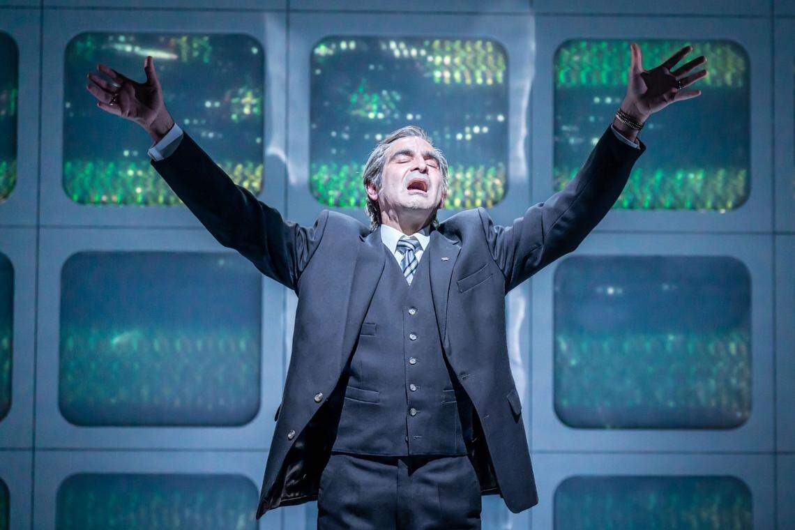 Zubin Varla as Jerry Falwell in a scene from the “Tammy Faye” musical