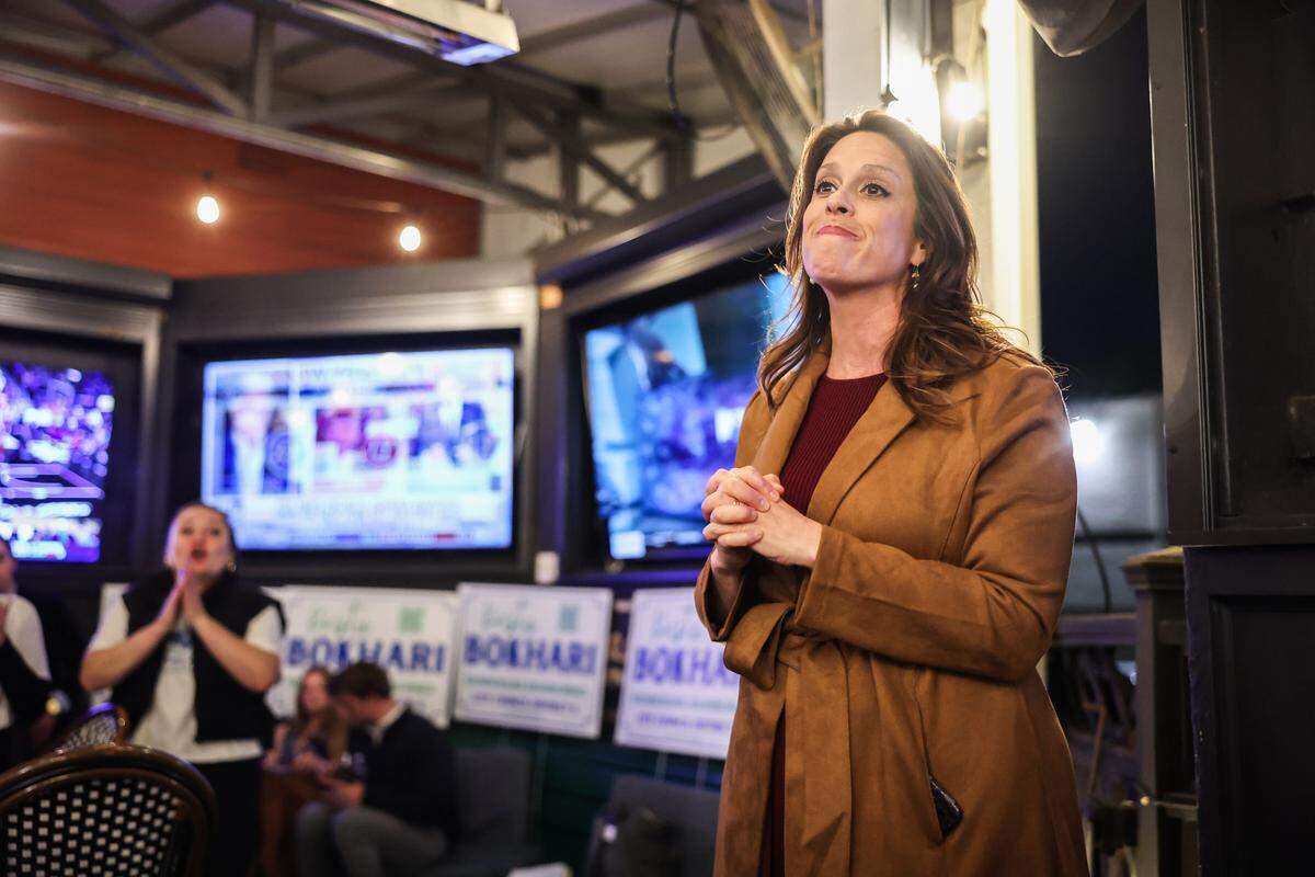 Krista Bokhari gives a concession speech to supporters during an election watch party.