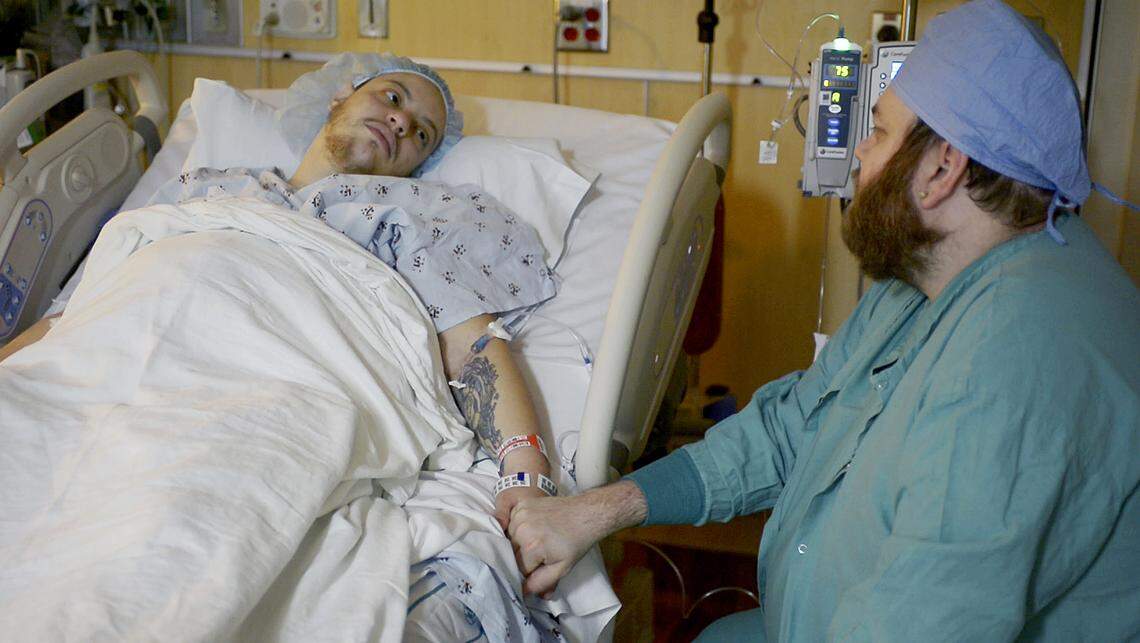 Liam, at just under 32 weeks pregnant, is hospitalized with high blood pressure.