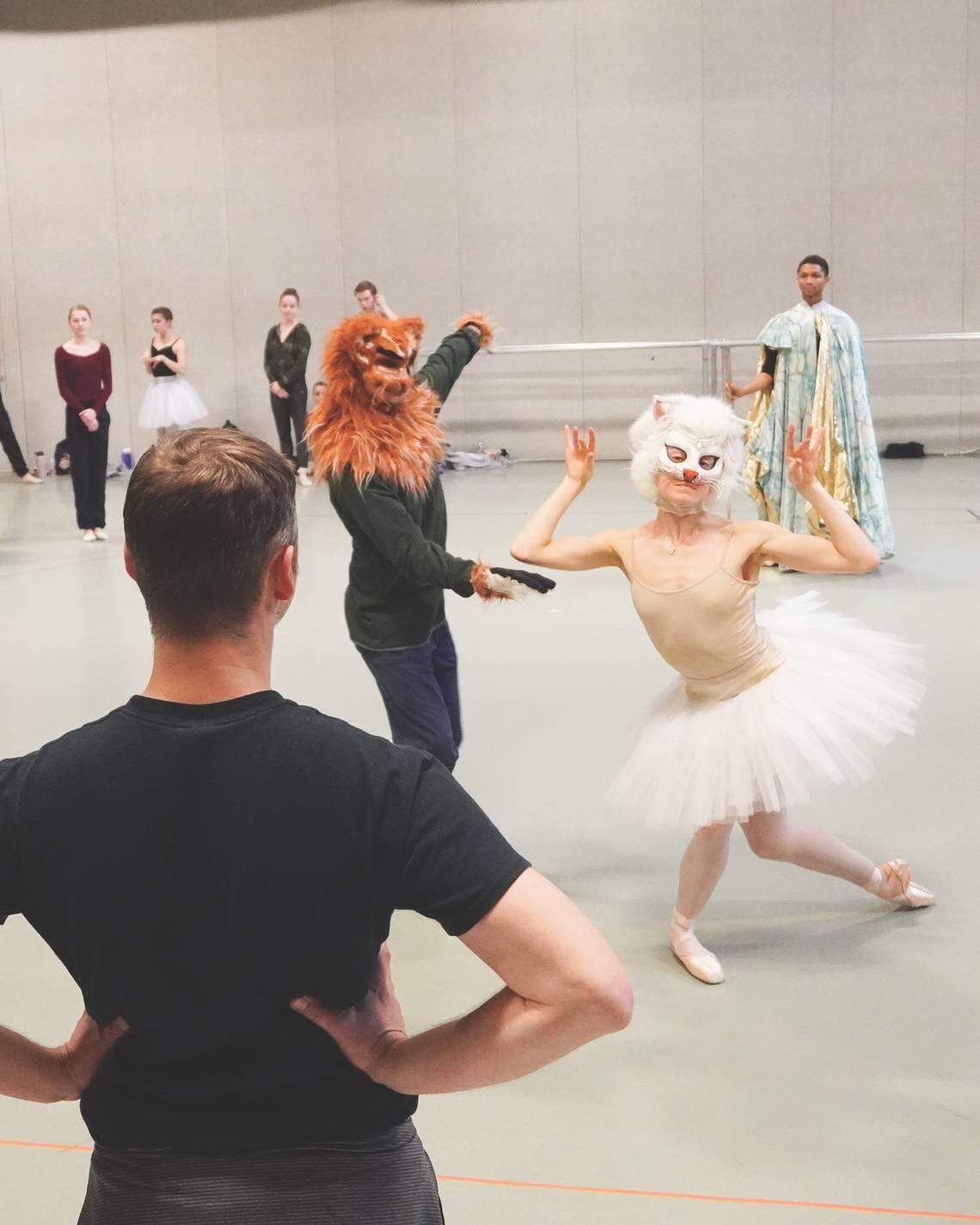 British choreographer Matthew Hart is seen in 2020 working with Charlotte Ballet dancers Colby Foss and Amelia Sturt-Dilley in preparation for “Sleeping Beauty: A Fairy-Tailored Classic.” The show was postponed indefinitely on opening night due to newly announced COVID-19 restrictions, but it returns this season.