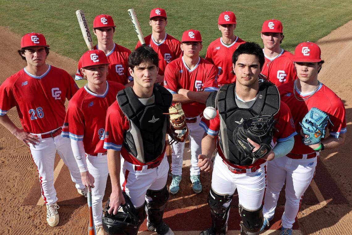 The Charlotte Catholic Cougars baseball team has ten seniors on the roster. The senior players include (back row) Hayden Sternberg, Cooper Gornet, Caden O’Neill, Ben Bordeaux and Quinn O’Rourke. (second row) Tate Olney, Evan Johnston and Alex Hoffman. (front row) catchers Paul Greeley and Brady Marconi at Jack Hughes Park in Pineville on Feb. 13, 2026. Charlotte Catholic is No. 1 in The Observer’s Sweet 16 rankings.