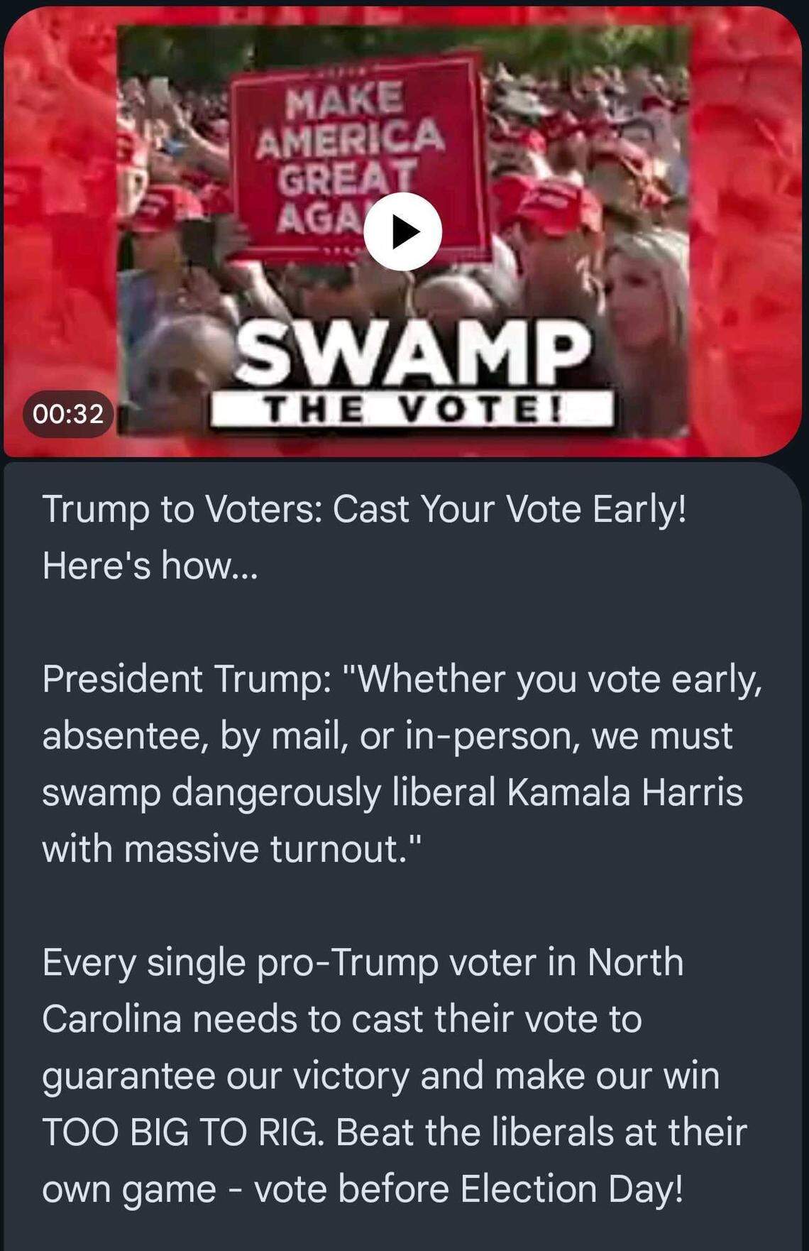 A screenshot of a text message sent from a political group in support of former president Donald Trump.