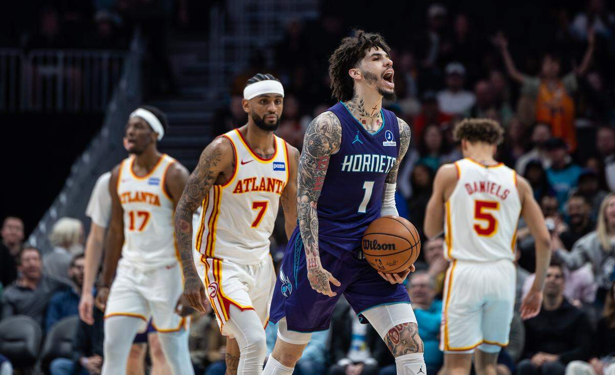 Charlotte Hornets guard LaMelo Ball pleads with a referee against the Atlanta Hawks at the Spectrum Center in Charlotte, North Carolina, on Wednesday, Feb. 11, 2026.
