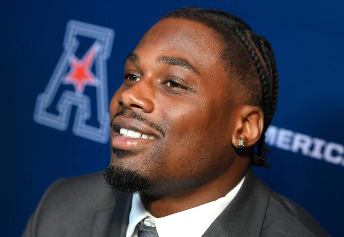 Charlotte 49ers defensive back Ja’Qurious Conley responds to a question during media day for the American conference on July 25, 2025, at the Charlotte Convention Center.