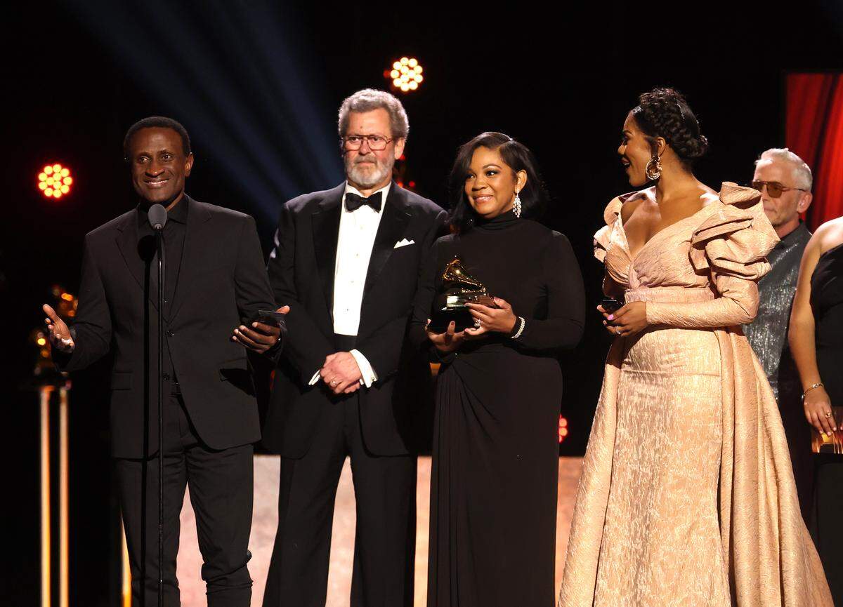 LOS ANGELES, CALIFORNIA - FEBRUARY 01: (L-R) KwamÃ© Ryan, Blanton Alspaugh, Janai Brugger and J'Nai Bridges accept the Best Opera Recording award for "Heggie: Intelligence" onstage during  the 68th GRAMMY Awards Premiere Ceremony at Peacock Theater on February 01, 2026 in Los Angeles, California. (Photo by Matt Winkelmeyer/Getty Images for The Recording Academy)