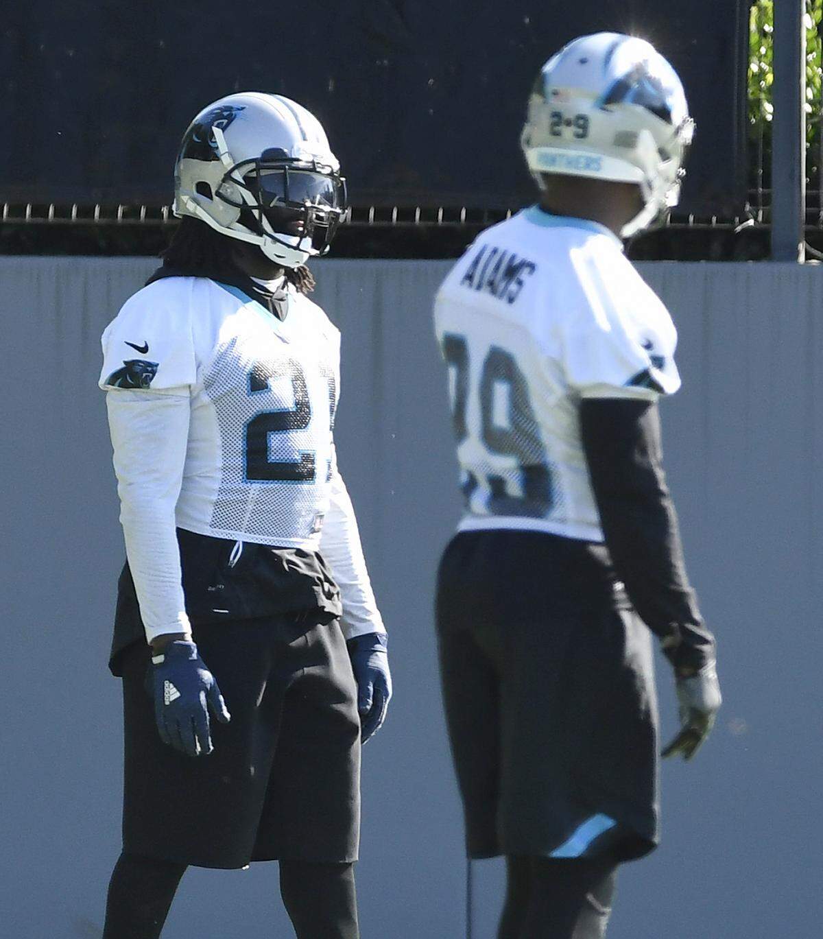 Carolina Panthers defensive back Da'Norris Searcy (21) looks over to defensive back Mike Adams (29) during organized team activities. The two are gelling well in the defensive backfield, according to head coach Ron Rivera.