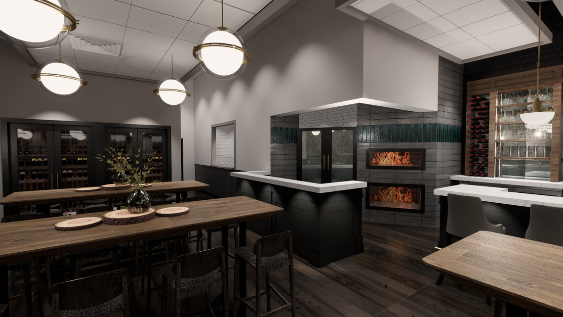 The new Harry’s location in Qual Corners will include a pizza oven viewed from the dining room, as shown in this rendering.