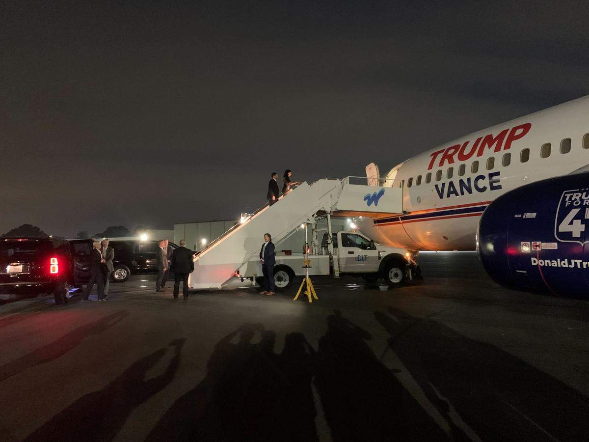 GOP vice presidential nominee JD Vance boards his plane to leave Charlotte after events at Central Piedmont Community College and Freedom House Church on Monday.