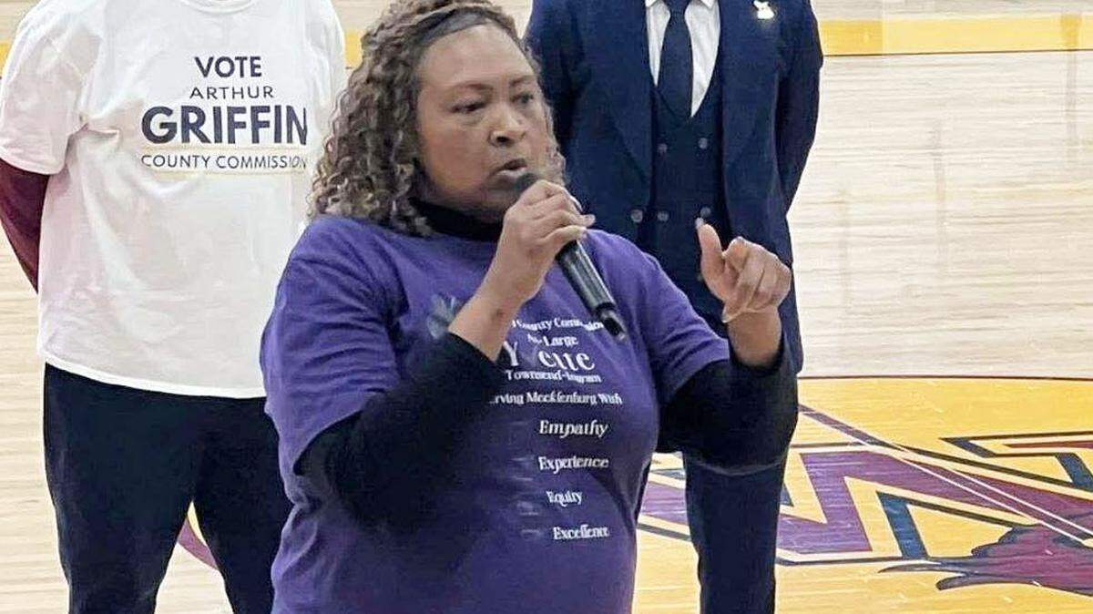 Yvette Townsend-Ingram speaking at West Charlotte High School. Townsend-Ingram is likely to join the Mecklenburg Board of County Commissioners after winning the third of three at-large seats in a primary.