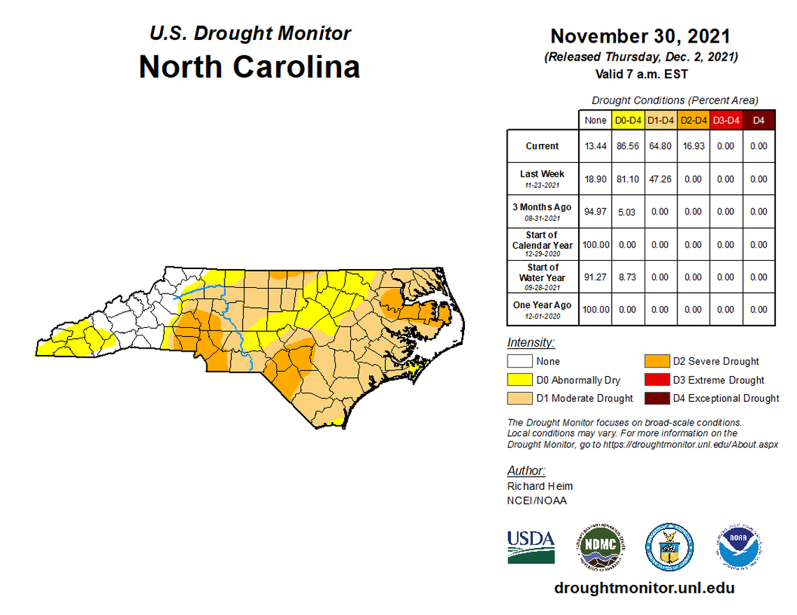 Much of the Charlotte area is under a severe drought because of the lack of precipitation, according to an update from US Drought Monitor on Thursday, Dec. 2, 2021.
