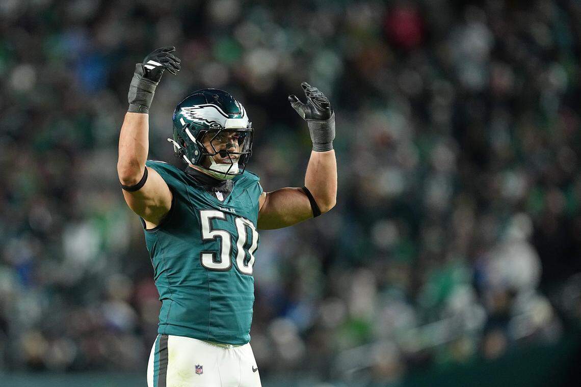 Jaelan Phillips, then playing for the Philadelphia Eagles, reacts to a defensive stop in November 2025.