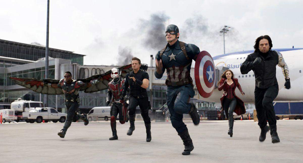 Chris Evans, Elizabeth Olsen, Jeremy Renner, Paul Rudd, Anthony Mackie and Sebastian Stan in “Captain America: Civil War.”