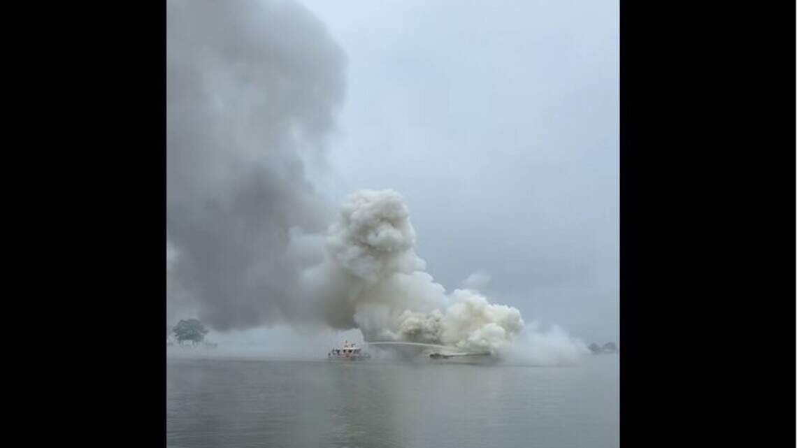 Huge plumes of smoke billowed from flames on a Lake Norman boat, video shows