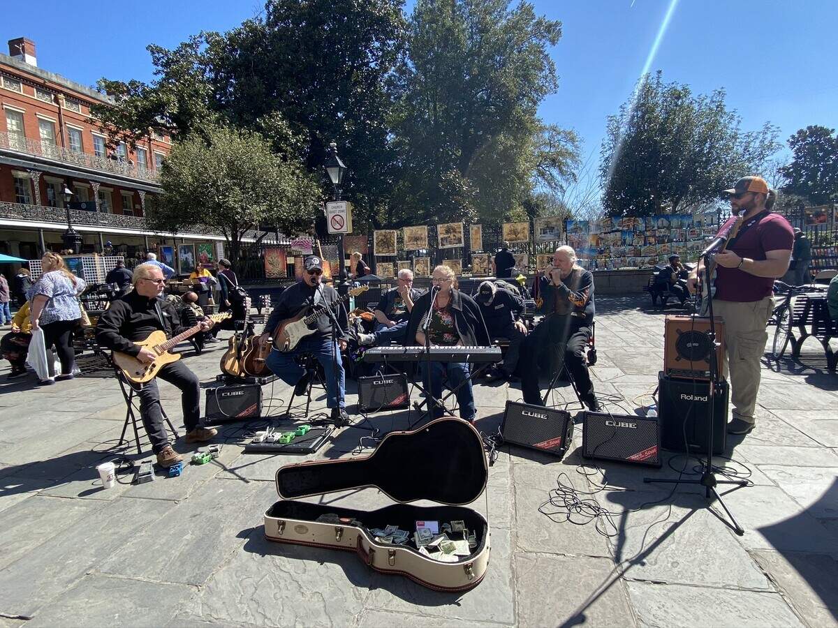 Jean and Landon Spradlin perform in Jackson Square during the 2020 Mardi Gras celebration in New Orleans. Spradlin caught COVID-19 during the visit. He died in Concord, the state’s second pandemic fatality.