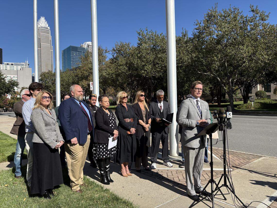 Charlotte City Council District 6 representative Edwin Peacock III, now running as for an at-large seat, speaks alongside fellow Republicans at a news conference marking 60 days since a fatal stabbing on the city’s light rail.