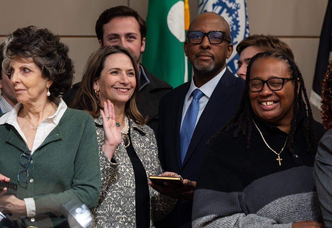 Councilwoman Kimberly Owens is sworn in during the 2025 City Council Swearing-In Ceremony at the Charlotte-Mecklenburg Government Center in Charlotte, N.C., on Monday, December 1, 2025.