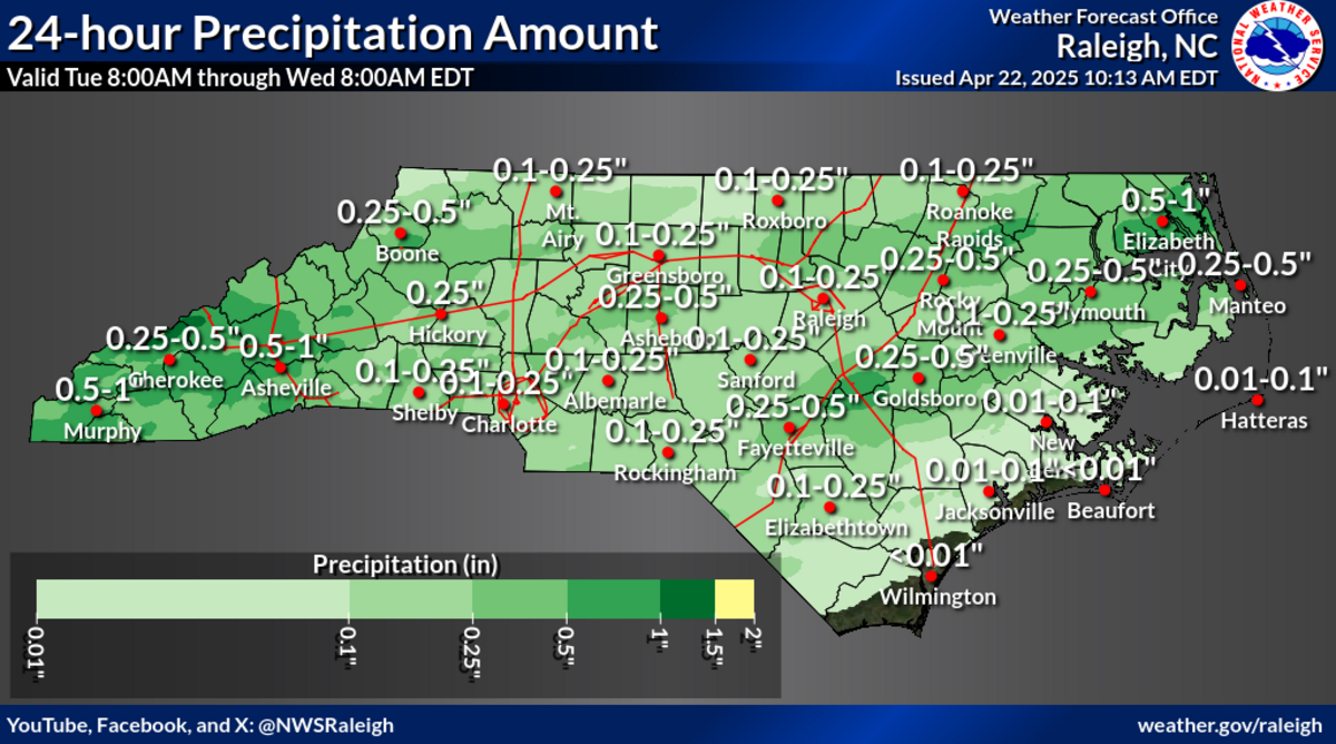 This graphic shows the amount of precipitation expected across North Carolina from April 22-23.
