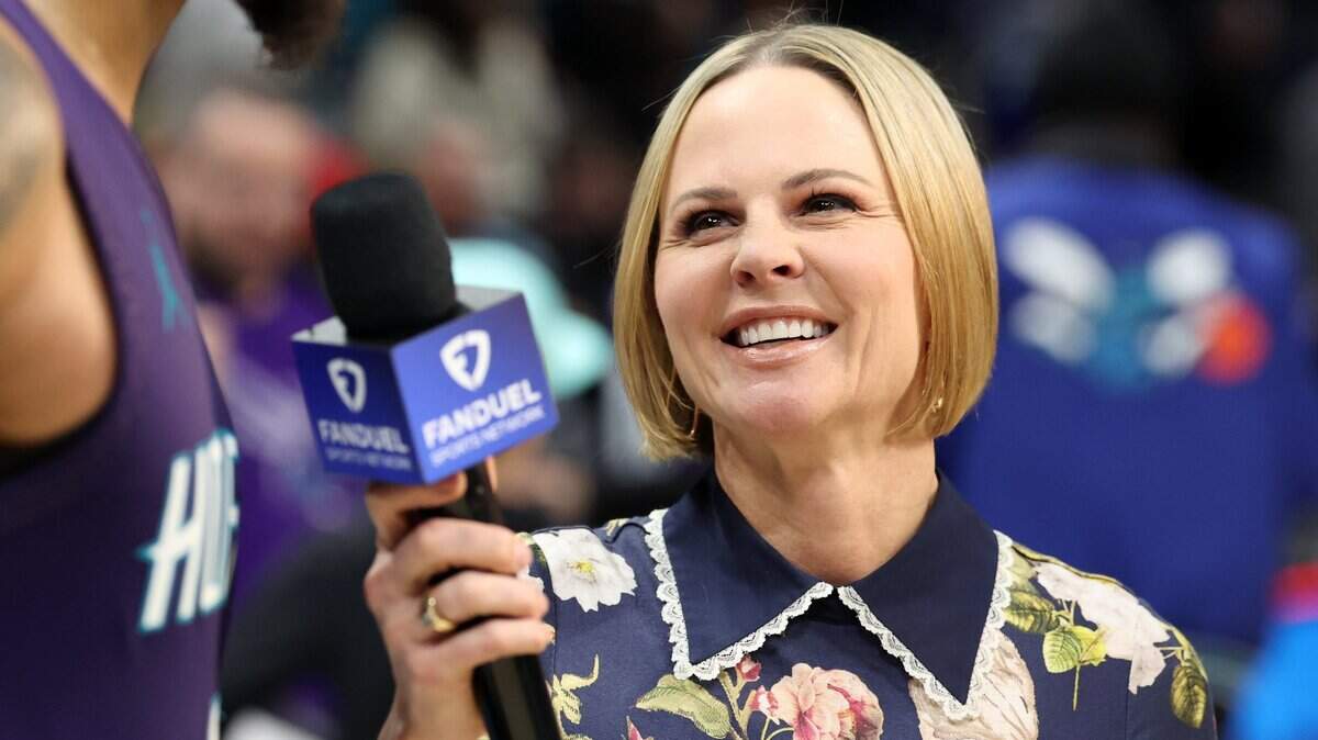 Charlotte Hornets TV sideline reporter and host Shannon Spake interviews forward Miles Bridges following the team’s game against the Dallas Mavericks at Spectrum Center in Charlotte, NC on Monday, January 20, 2025.