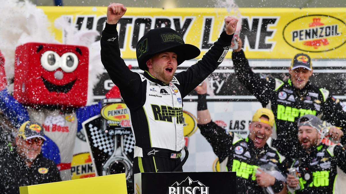 Mar 5, 2023; Las Vegas, Nevada, USA; NASCAR Cup Series driver William Byron (24) celebrates his victory of the Pennzoil 400 at Las Vegas Motor Speedway. Mandatory Credit: Gary A. Vasquez-USA TODAY Sports