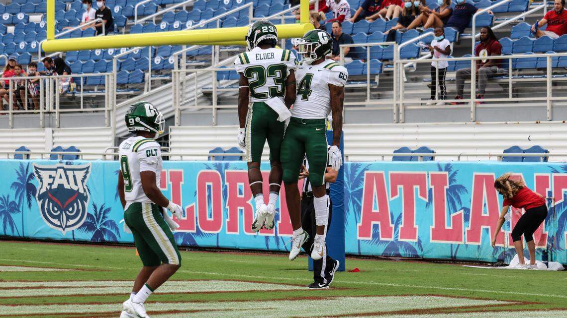 The Charlotte 49ers’ Micaleous Elder (23) and Cam Dollar (4) celebrate after Dollar’s first-quarter touchdown against Florida Atlantic.