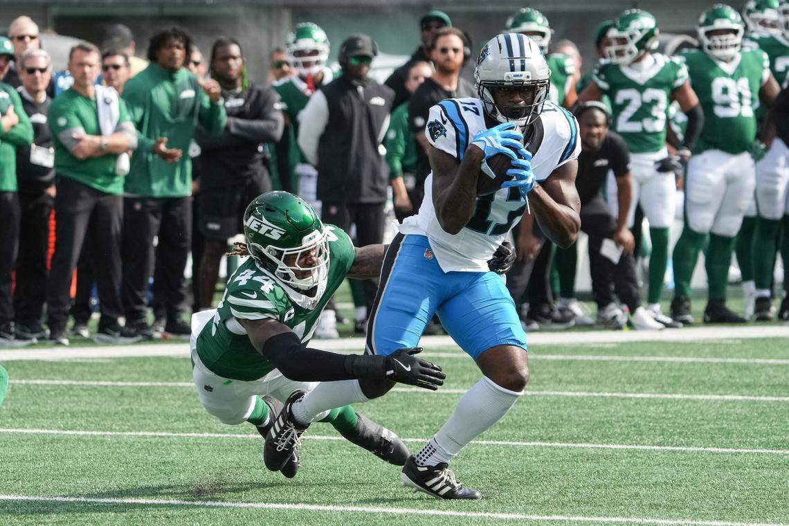 Carolina Panthers wide receiver Xavier Legette (17) makes a catch in the first quarter against the New York Jets on Sunday in New Jersey.