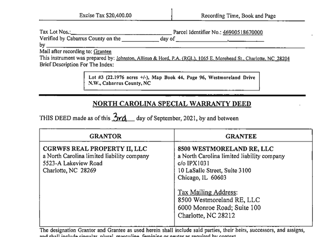 This screen shot shows the first page of the land transfer document filed with the Cabarrus County Tax Assessor’s Office in the sale of Chip Ganassi Racing’s 22-acre headquarters to a limited liability company affiliated with Charlotte-based Hendrick Automotive Group.