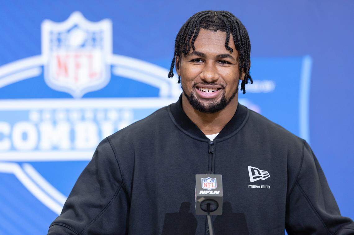 Penn State running back Nick Singleton speaks to the media during the 2026 NFL Draft Combine at the Indiana Convention Center on February 27, 2026 in Indianapolis, Indiana. (Photo by Michael Hickey/Getty Images)