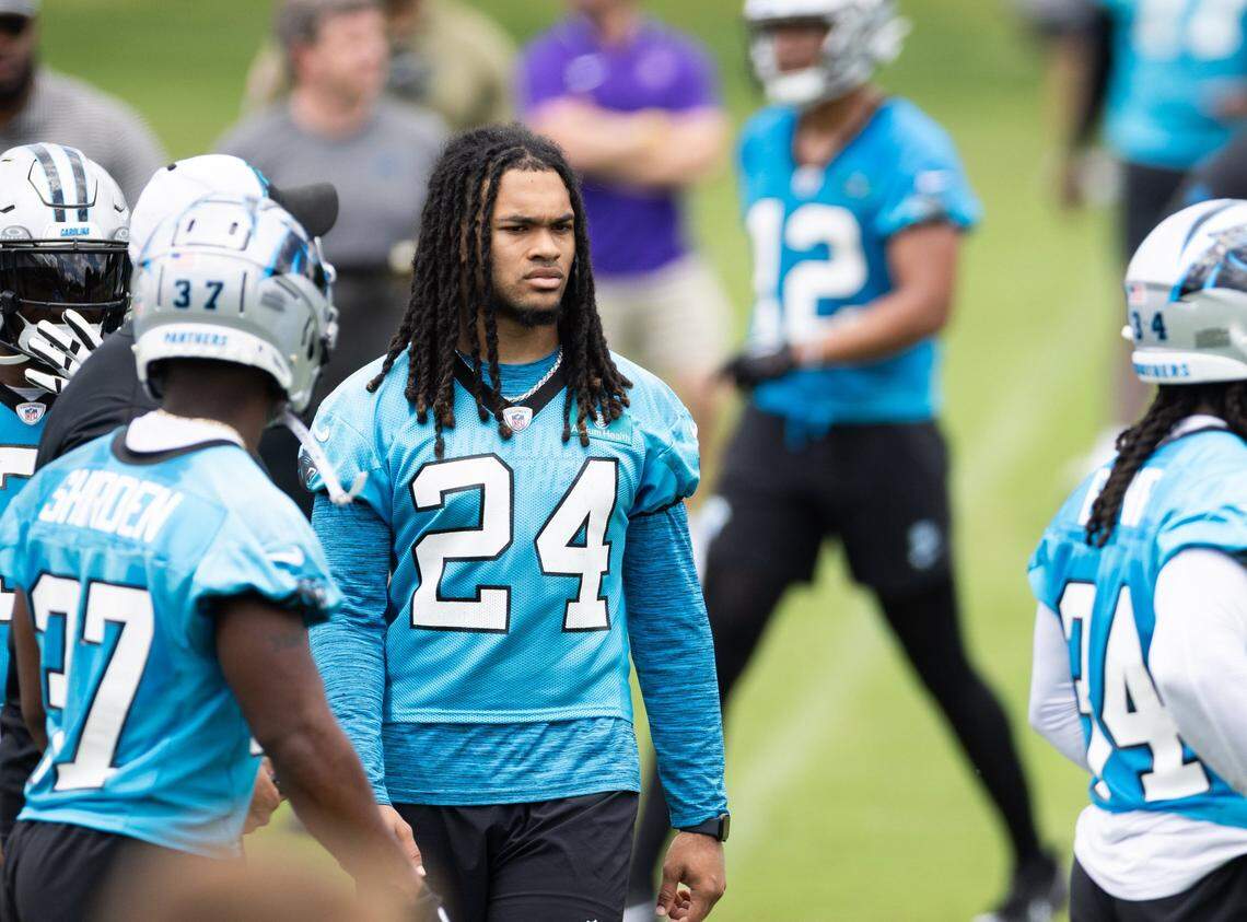 Carolina Panthers Jonathon Brooks at practice in Charlotte, N.C., on Monday, May 20, 2024.