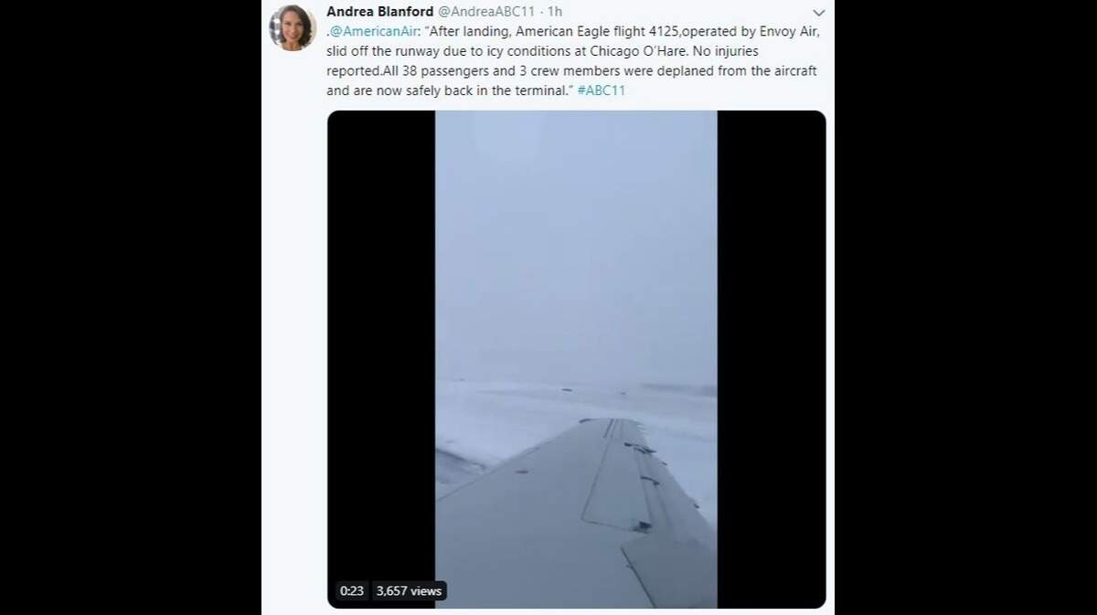A plane coming from North Carolina slid off a runway when it touched down in Illinois, officials say.