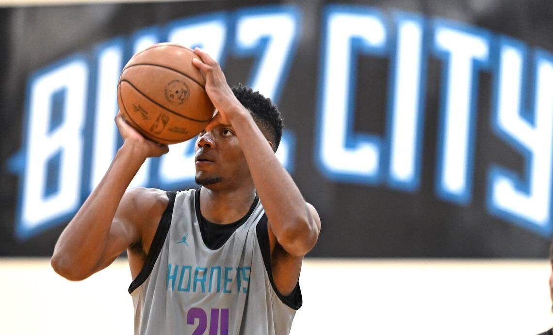 Charlotte Hornets rookie forward/guard Brandon Miller lines up a jump shot during practice on Tuesday, October 3, 2023 at Spectrum Center in Charlotte, NC.