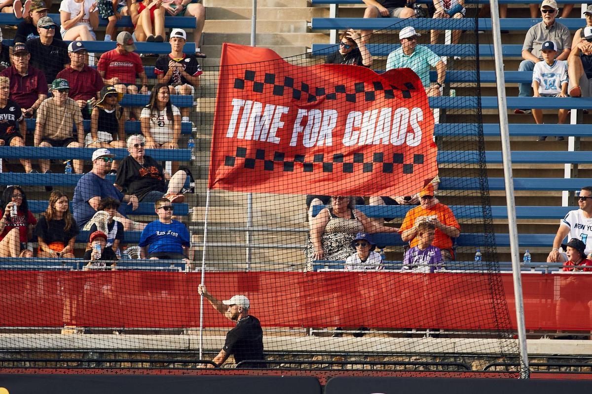 The Carolina Chaos team runs their celebratory flag after scoring against the Denver Outlaws. The Carolina Chaos returns home to Charlotte with the Premier Lacrosse League at American Legion Memorial Stadium on June 6, 2025.