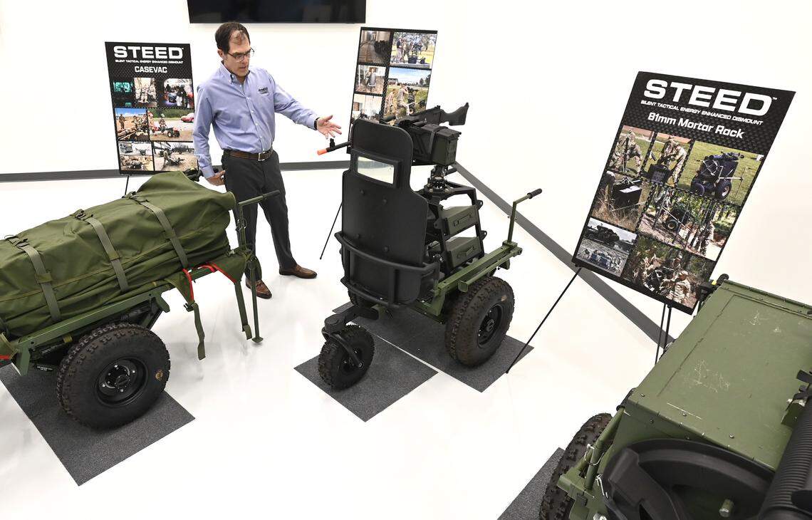 Hendrick Motorsports Technical Solutions President Scott Lampe talks about the U.S. Army Silent Tactical Energy Enhanced Dismount vehicles made on the NASCAR team’s campus in Concord, N.C.