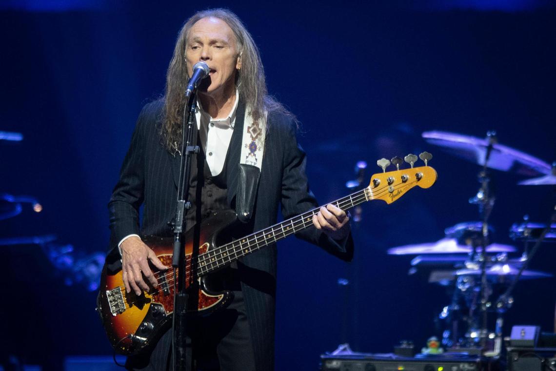 The Eagles’ Timothy B. Schmit performs “New Kid in Town” during the Hotel California tour at the Spectrum Center in Charlotte, N.C., Monday, Feb. 21, 2022.