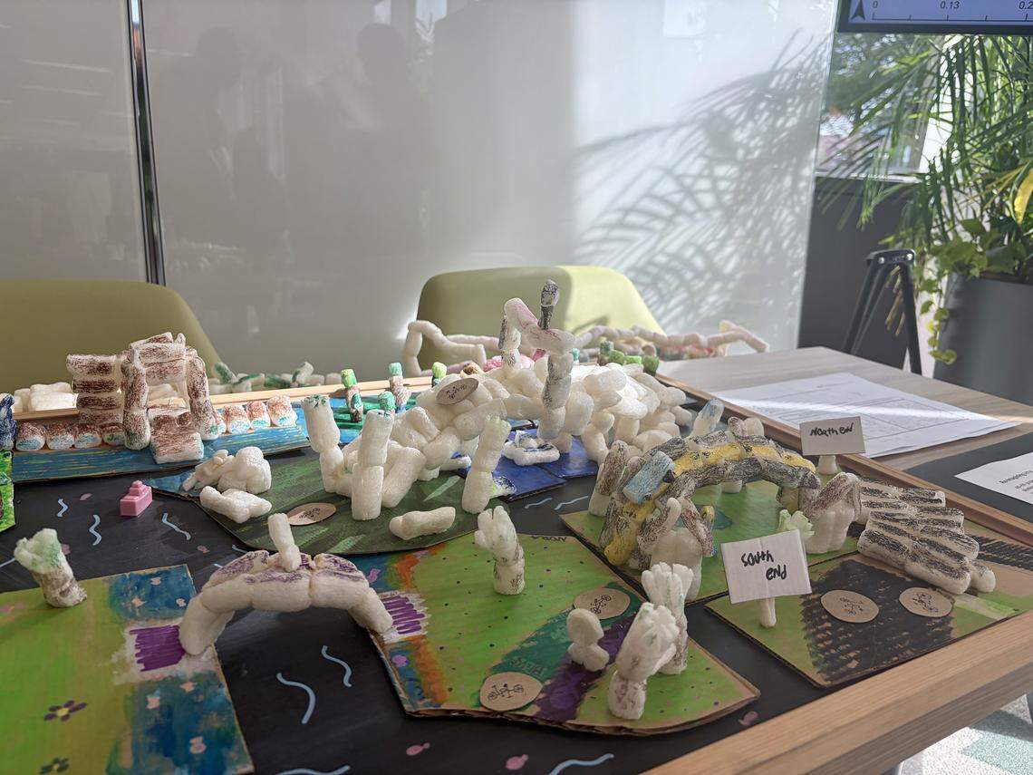 Elementary school students from the Chantilly Montessory School used packing peanuts and LEGOs to create their design for I-77 South. Sustain Charlotte, a nonprofit focused on sustainable growth, put out a call for residents to design their own changes to I-77 south, dubbed “Reimagining 77 South.”