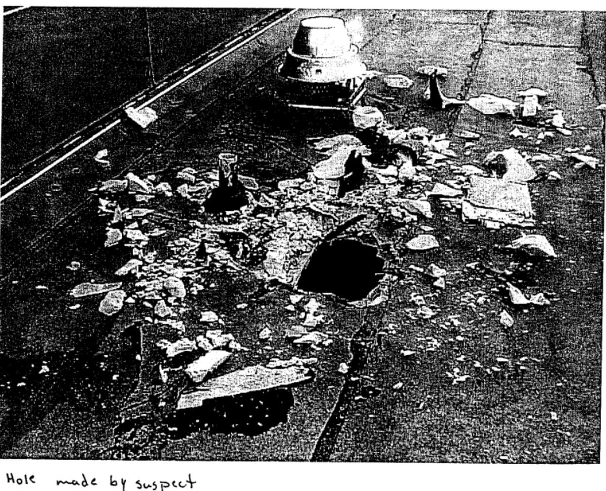 Jeffrey Manchester tore a hole into the roof of a McDonald’s in Belmont on Saturday, May 20, 2000.