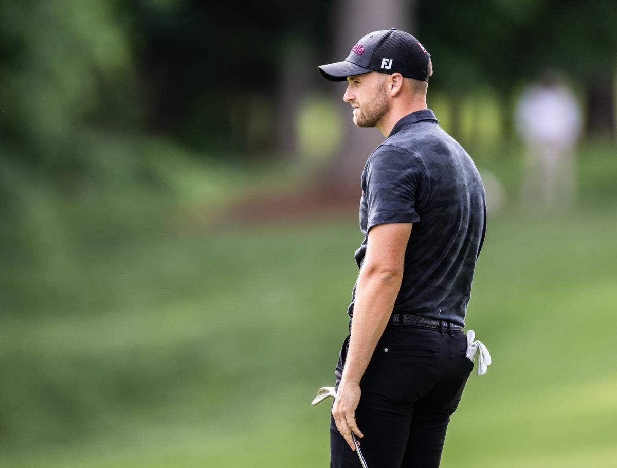 Wyndham Clark makes a face after a putt on the 8th hole during round one of the Wells Fargo Championship at Quail Hollow Club in Charlotte, N.C., on Thursday, May 9, 2024.