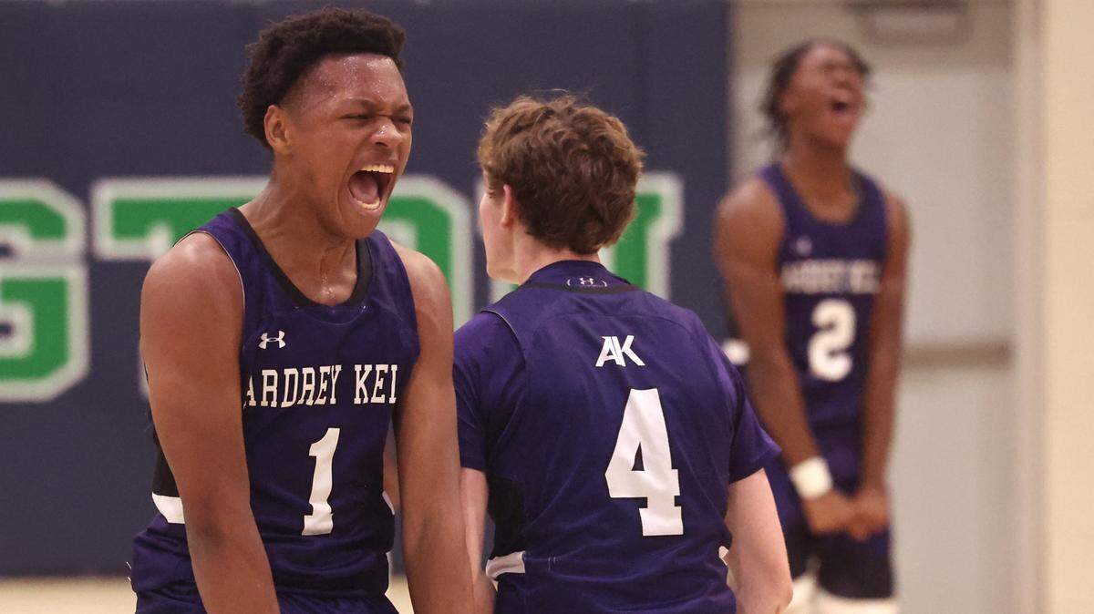 Ardrey Kell Knights’ Braden Suggs celebrates the team’s play during action against the Weddington Warriors on Tuesday, Nov. 25, 2025 at Weddington High School.