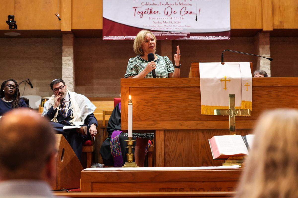 Mayor Vi Lyles address attendees during an interfaith prayer vigil at Little Rock AME Zion in Charlotte on Tuesday, April, 30, 2024. 