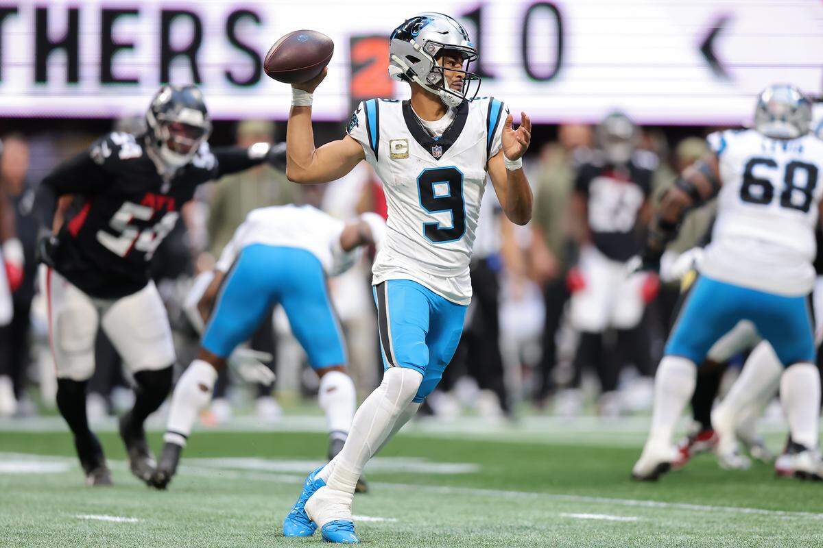 Carolina Panthers QB Bryce Young throws a pass during Sunday’s third quarter against the Atlanta Falcons at Mercedes-Benz Stadium in Atlanta. 