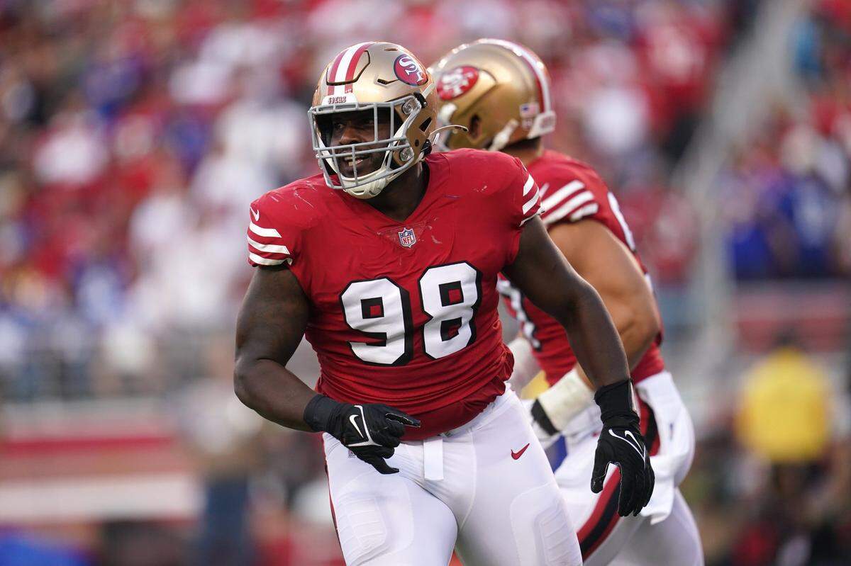 Sep 21, 2023; Santa Clara, California, USA; San Francisco 49ers defensive tackle Javon Hargrave (98) reacts after recording a sack against the New York Giants in the second quarter at Levi’s Stadium. Mandatory Credit: Cary Edmondson-USA TODAY Sports