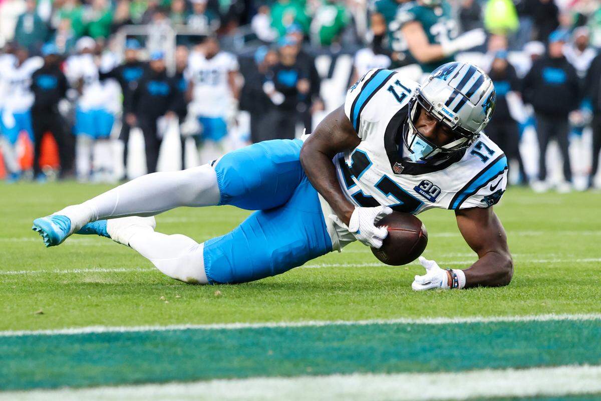 Dec 8, 2024; Philadelphia, Pennsylvania, USA; Carolina Panthers wide receiver Xavier Legette (17) is unable to catch a long pass in the final minute of a game against the Philadelphia Eagles at Lincoln Financial Field. Mandatory Credit: Bill Streicher-Imagn Images