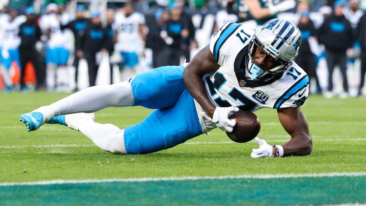 Dec 8, 2024; Philadelphia, Pennsylvania, USA; Carolina Panthers wide receiver Xavier Legette (17) is unable to catch a long pass in the final minute of a game against the Philadelphia Eagles at Lincoln Financial Field. Mandatory Credit: Bill Streicher-Imagn Images