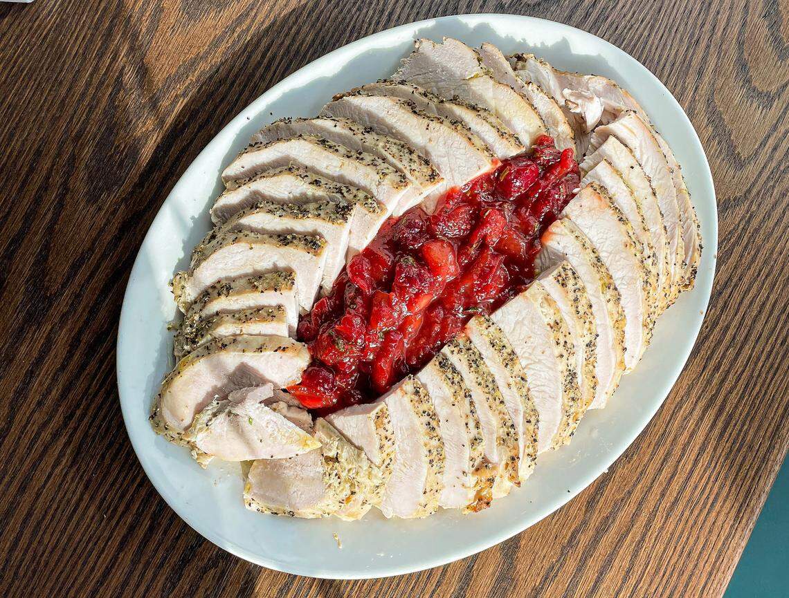 Calle Sol’s turkey breast is mojo marinated and paired with Tropical Mango & Cranberry relish.