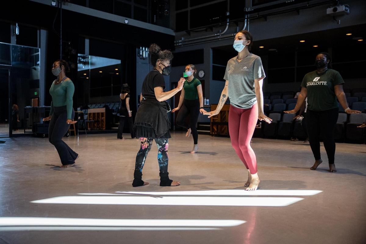 Karen Hubbard, center left, wants her UNC Charlotte students to understand that jazz is a dance form indigenous to the U.S. “It was social dance that was embellished for entertainment.”