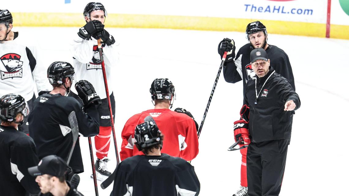 Checkers coach Geordie Kinnear talks to players during Charlotte Checkers practice in Charlotte N.C., on Wednesday, October 12, 2022.